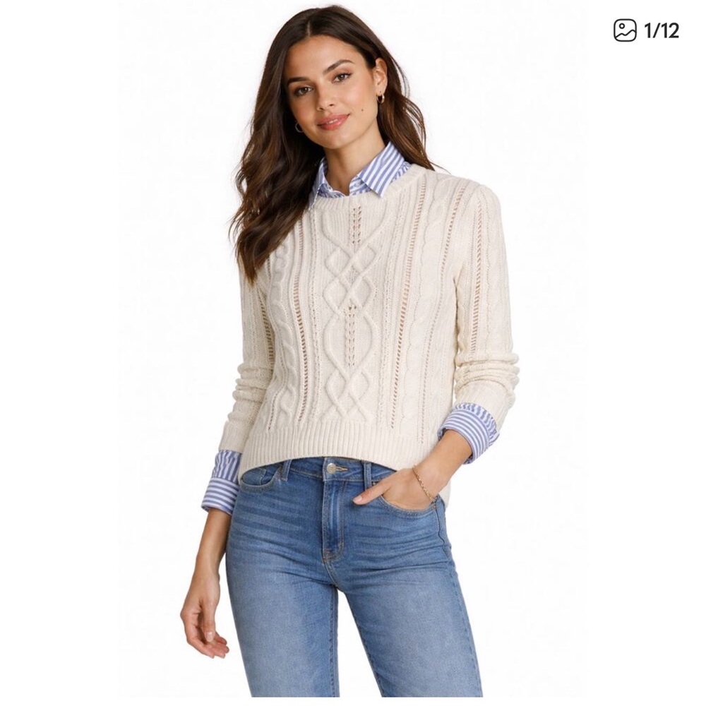 Veronica Beard Ivory Sweater with button down collar and sleeve details